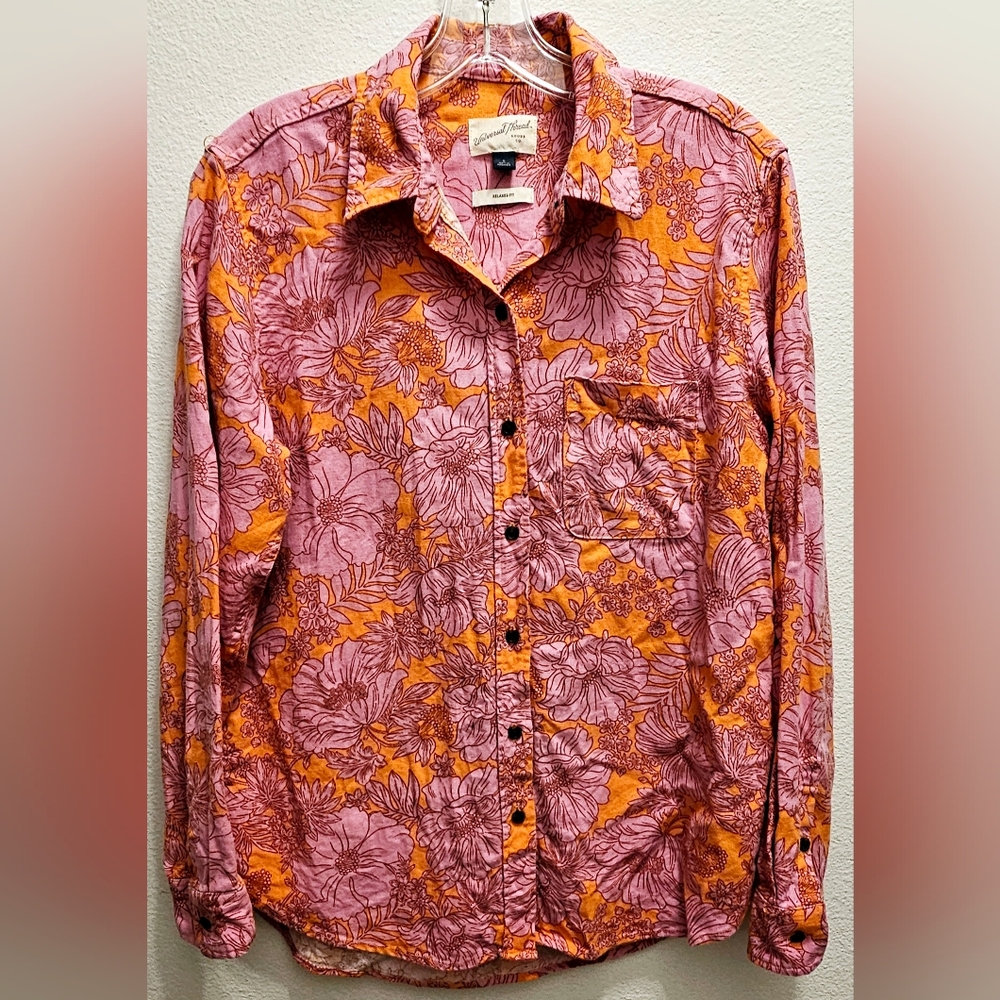 Universal Thread Floral Button-Up Shirt - Orange and Pink